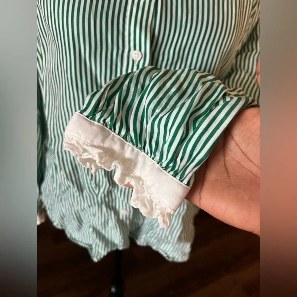 J.Crew Drapey Cupro Blend Ruffle Trim Striped Shirt White/Green size M